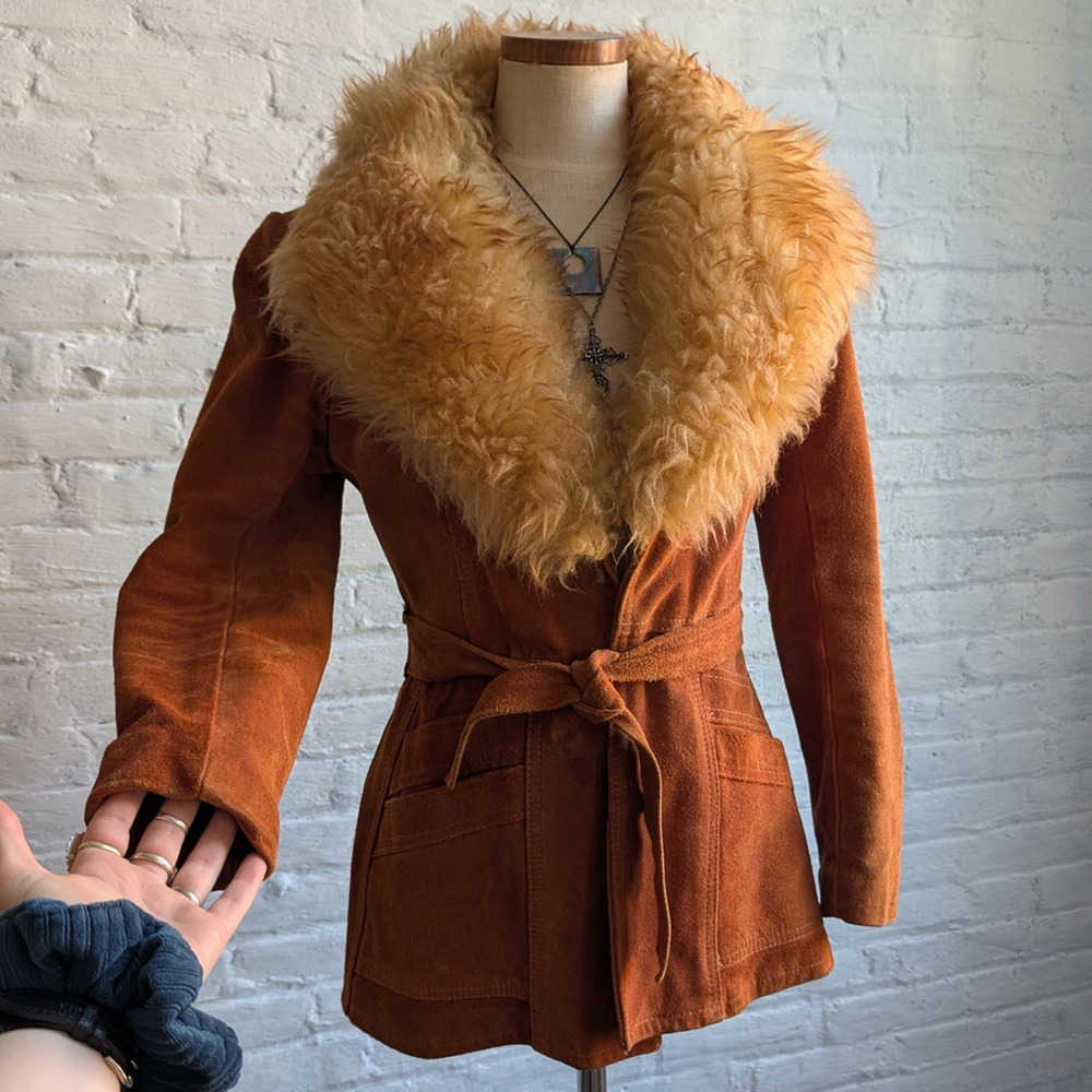 Vintage Leather Jacket Penny Lane Jacket Faux Fur Coat 70s Tapestry Trench Coat - Picture 7 of 16